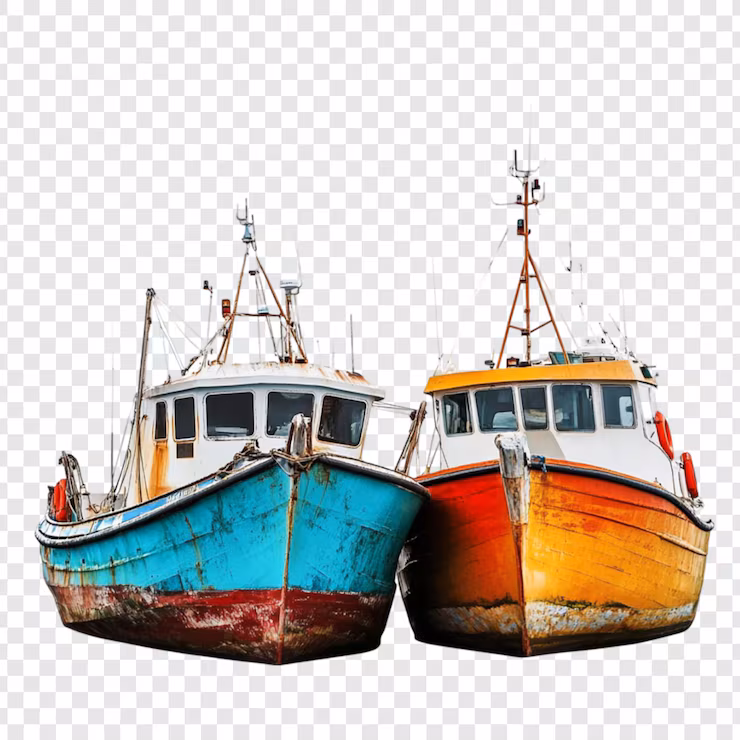 two-weathered-fishing-boats-docked-together-teal-orange-hues_191095-96055